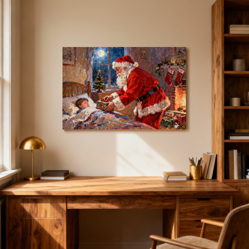 Noël père Noël donnant un cadeau à un enfant endormi, H 20 po x l 30 po