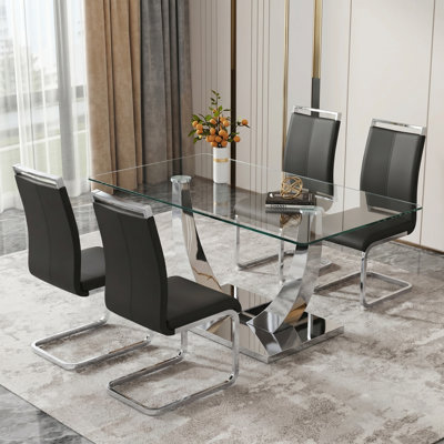 Modern 63" Rectangular Glass Dining Set with Metal Base