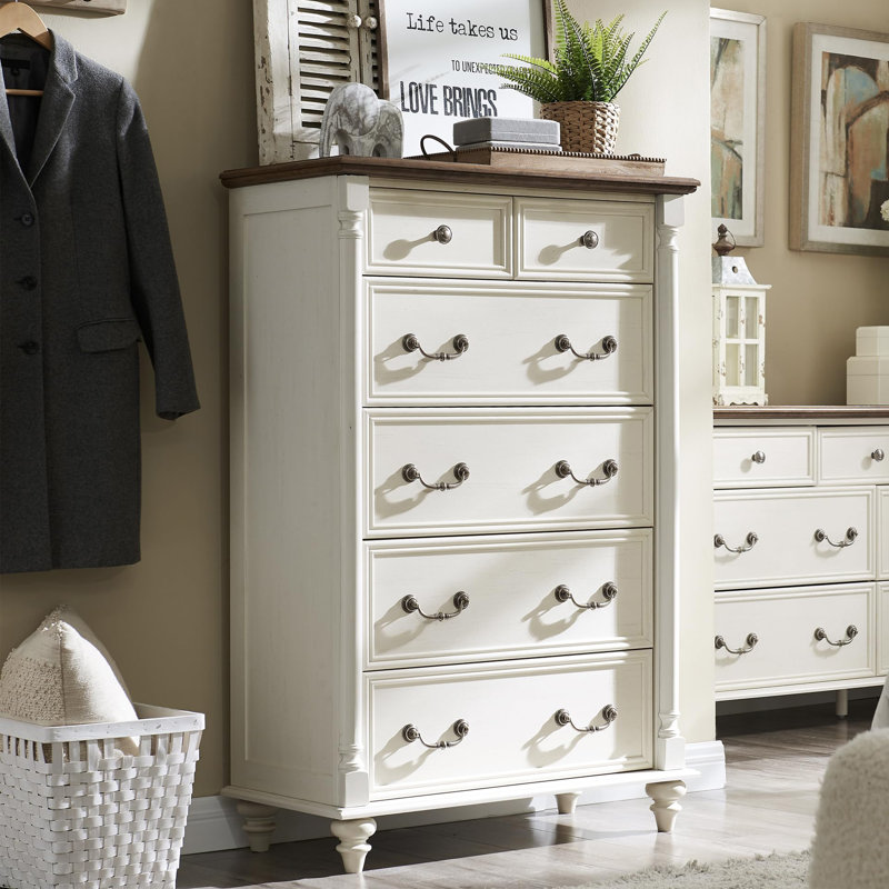 Antique White Solid Wood Farmhouse 6-Drawer Dresser Chest