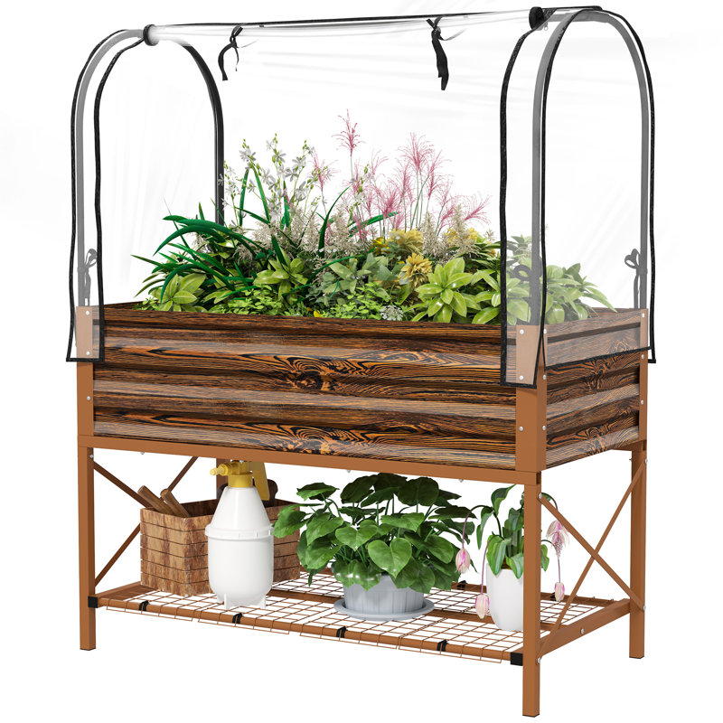 Lit de jardin surélevé avec pieds et housse, bac à fleurs surélevé en métal avec tablette inférieure et doublure pour légumes, brun