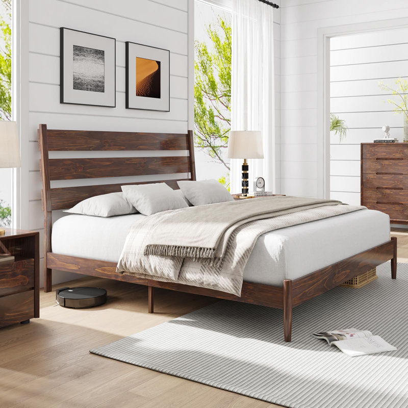 Flennory Solid Wood Bed Frame with Ergonomic Headboard, Queen, Chocolate
