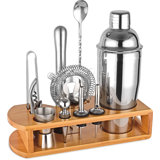 Cocktail Shaker Set Bartender Kit : 12-Piece Bar Tool Set With Bamboo Stand | Bar Set With All Practical Bar Accessories, For Drink Mixing, Bar, Home, Lounge & Party (Silver)