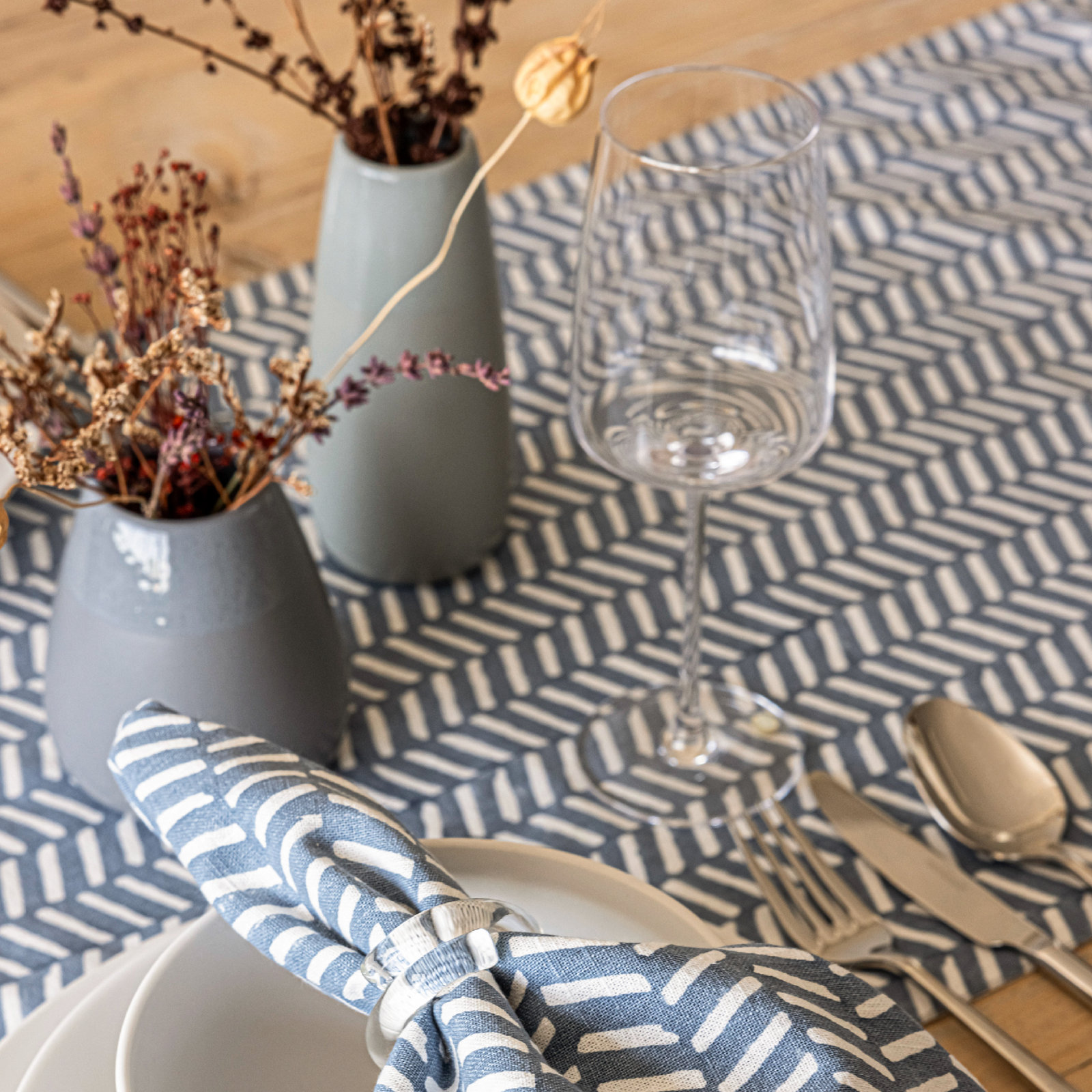 over&back Hand-Blocked 108" Table Runner, 18" W x 90" L, Blue Herringbone