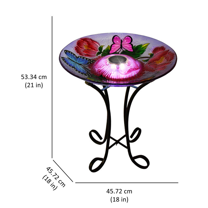 Solar LED Floral Glass Bird Bath with Black Metal Stand