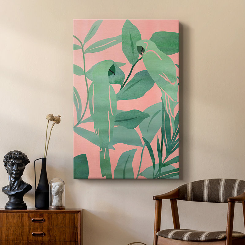 Oiseaux de paradis roses et verts II - galerie Cavas sur mesure, H 18 po x l 12 po