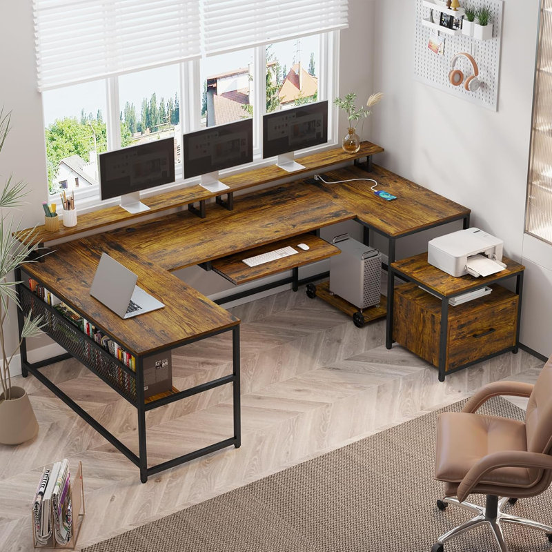 Keon U-Shaped Computer Desk with Power Outlet, Brown/Black