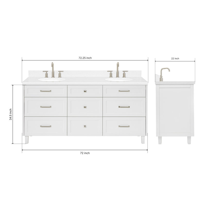 ARIEL Monroe 72 Double Sink Bathroom Vanity with Carrara Quartz Top, White