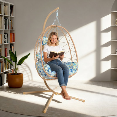 Fauteuil suspendu suspendu en osier avec support et coussin lavable pour patio