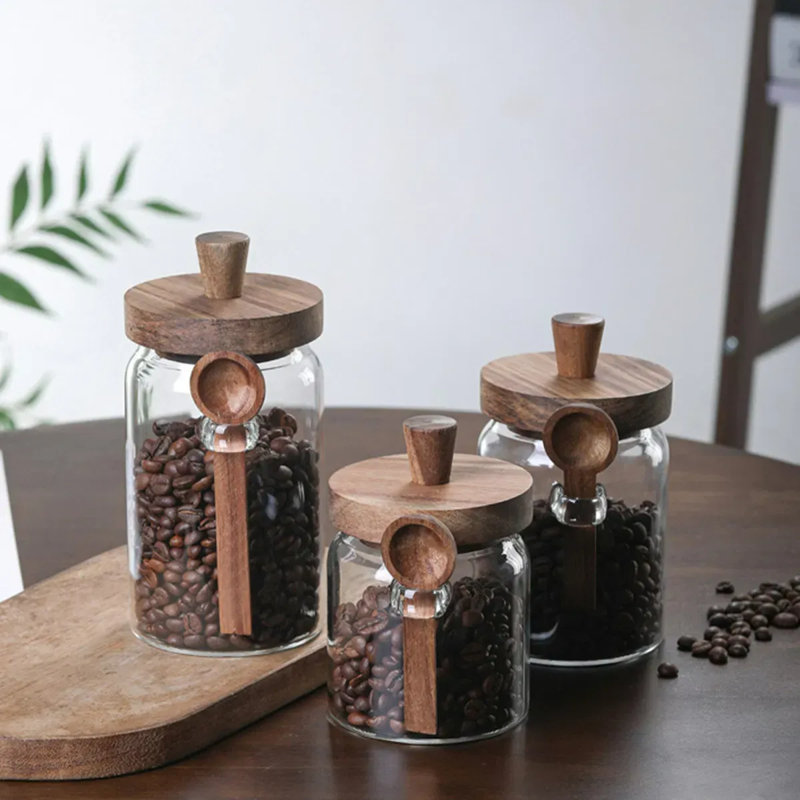 3 pots à café en verre avec cuillères, pots à bonbons, pots à biscuits, pots de rangement, pots à thé, pots à collation, pots à assaisonnement, pots à sel, pots à poivre