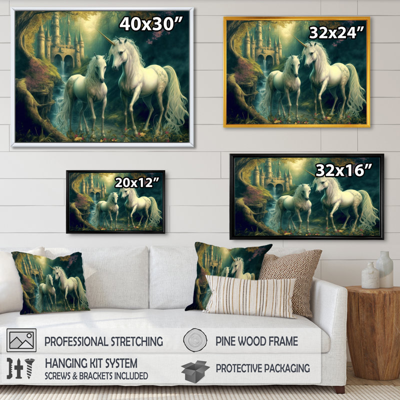 Deux gracieuses licornes dans un paysage fantastique - reproduction sur toile, H 16 po x l 32 po x P 1 po
