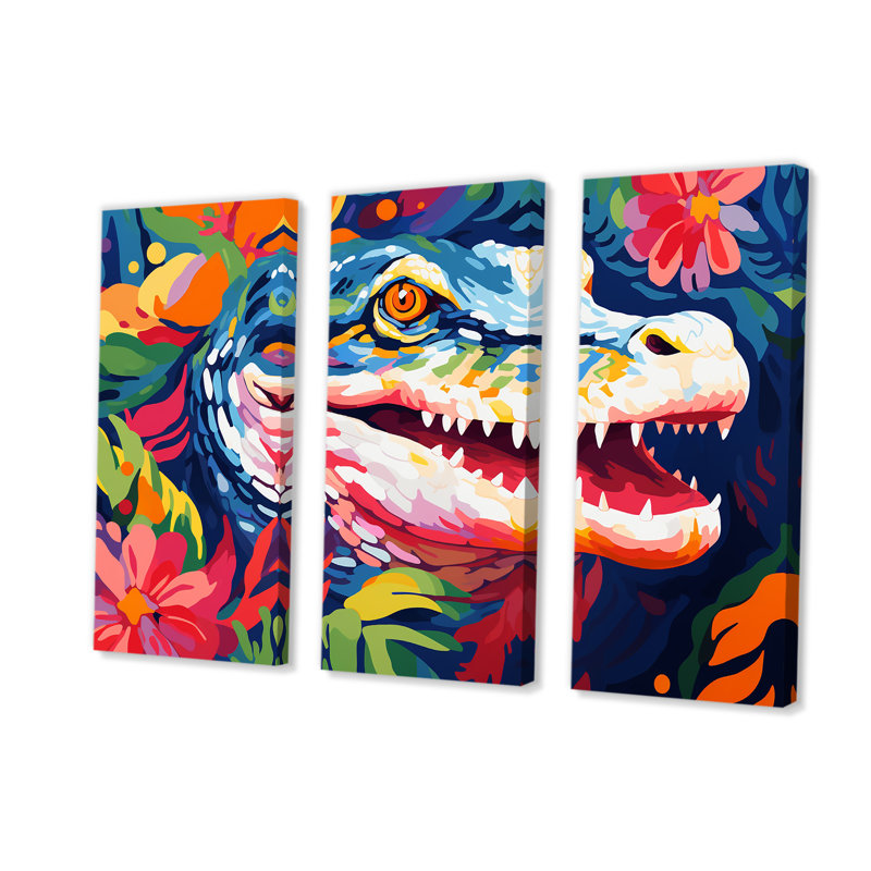 Pop Art alligator Blooms I - Art mural animal crocodile, Toile tendue, H 28 po x l 36 po