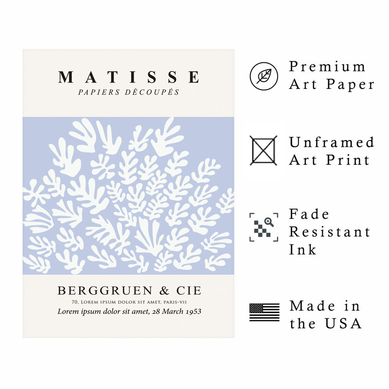 Abstrait matisse découpé bleu doux Mid-Century, reproduction d'art moderne sans cadre, H 30 po x l 20 po