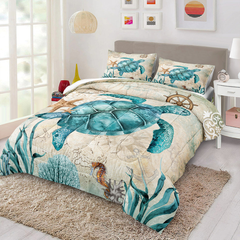 Ensemble d'édredon Turtle, Queen Comforter + 3 Pillowcases, Imprimé animal bleu sarcelle