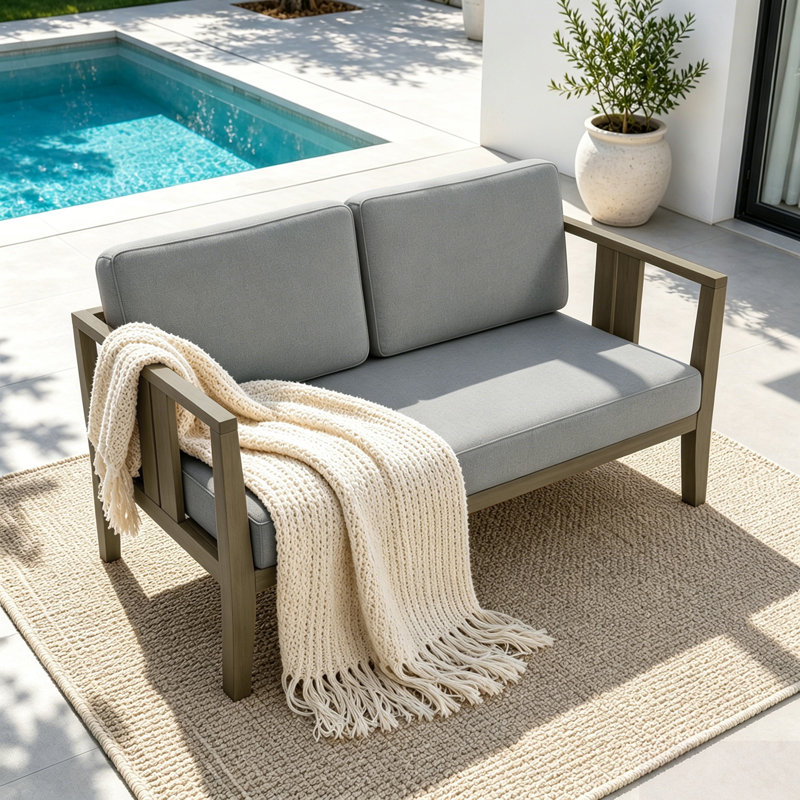 Causeuse d'extérieur en bois de teck avec coussin et accoudoirs Junco, Gris, Brun
