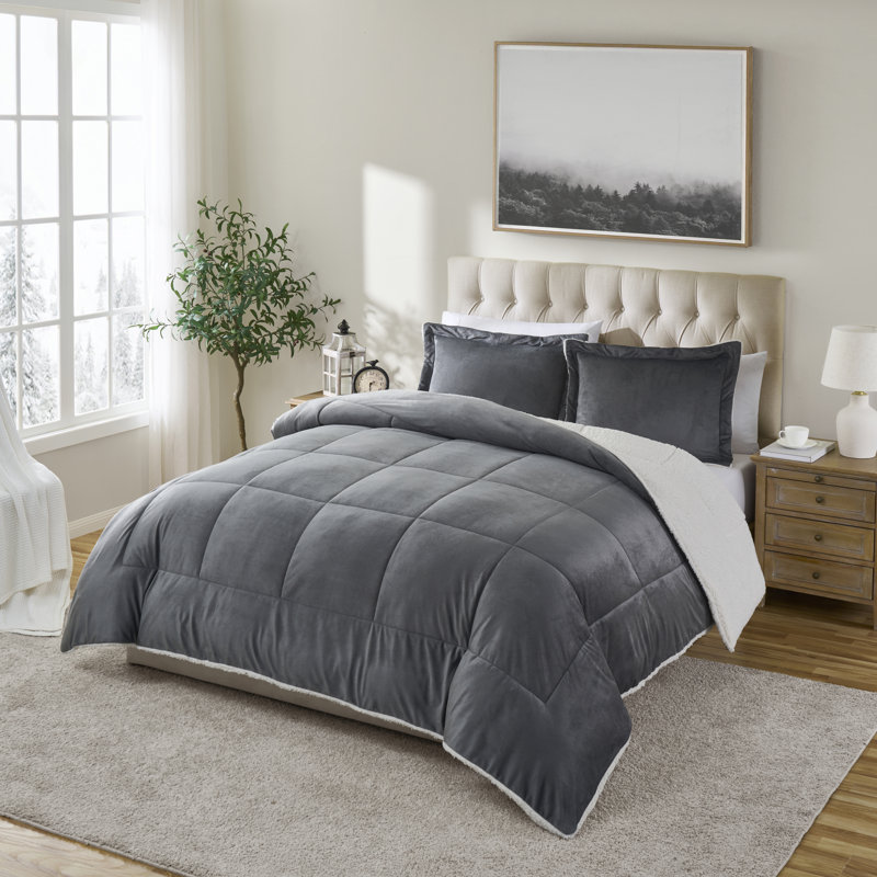 Ensemble d'édredon réversible en micro-vison et sherpa 3 pièces Swift Home, Étain, Édredon très grand et 2 taies décoratives
