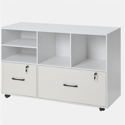 2 Drawer Wooden File Cabinet, Mobile Filing Cabinet with Open Shelves, Lockable Lateral Rolling File Storage with Adjustable Shelves, Free Standing Printer Stand for Home Office School, White