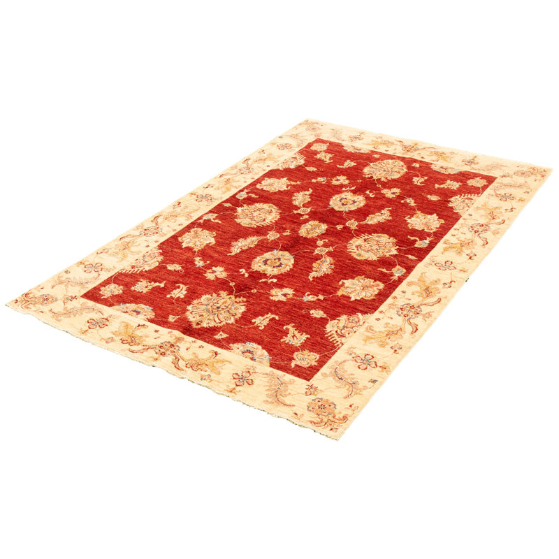 Tapis décoratif en laine de conception unique rouge/beige 5 pi 7 po x 8 pi 6 po noué à la main New Age