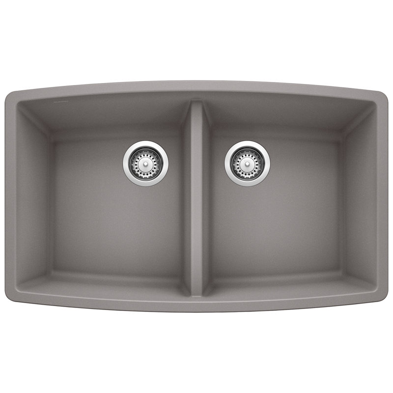 Performa SILGRANIT 33" 50/50 Double Bowl Undermount Kitchen Sink, Metallic Gray