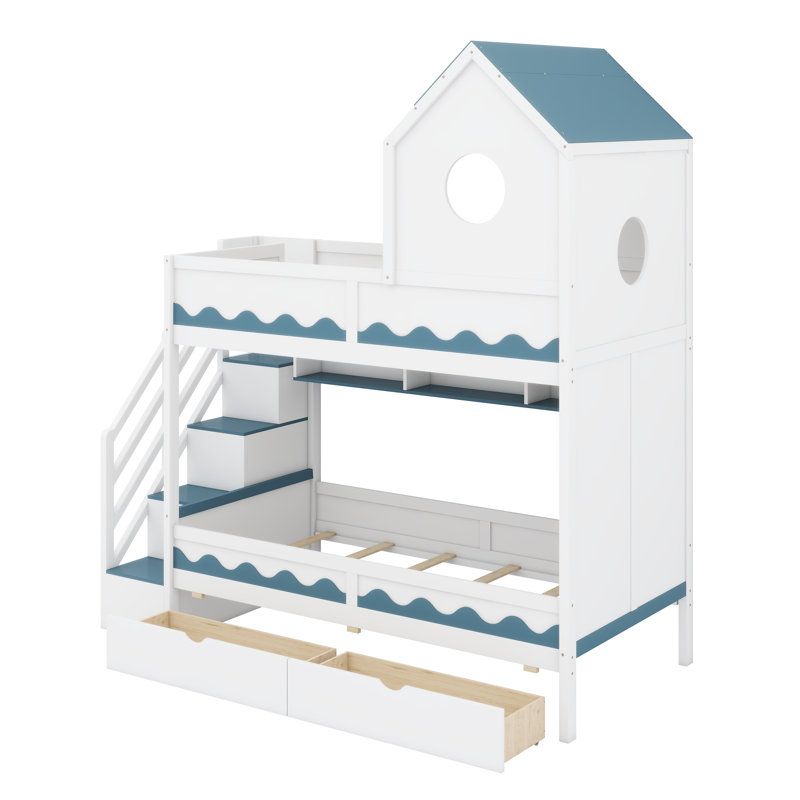 Lit mezzanine avec conception de maison de jeu, tiroir de rangement, escalier et éclairage DEL, Blanc / bleu