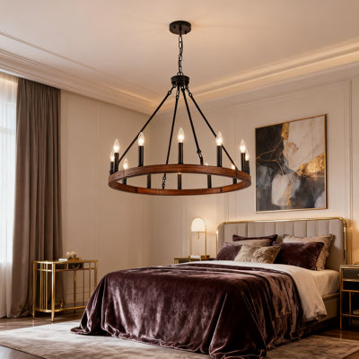 Lustre en roue de chariot à 12 lumières avec hauteur réglable, luminaire rond en fer et en bois de noyer pour une utilisation intérieure / extérieure, douille E12