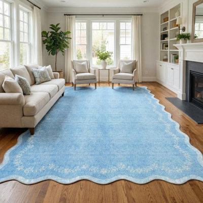 Scalloped Washable Area Rug, Soft Low-Pile Non-Slip Accent Rug with TPR Backing for Living Room, Bedroom 8' x 10'