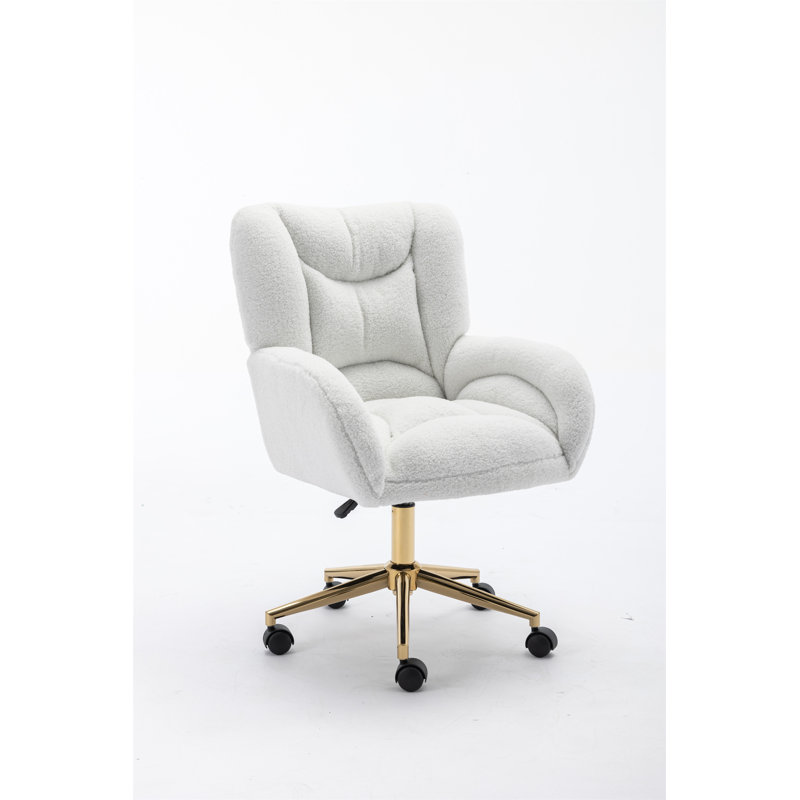 Teddy Fabric 360 Swivel Home Office Chair With Gold Metal Base And Universal Wheels, Ivory