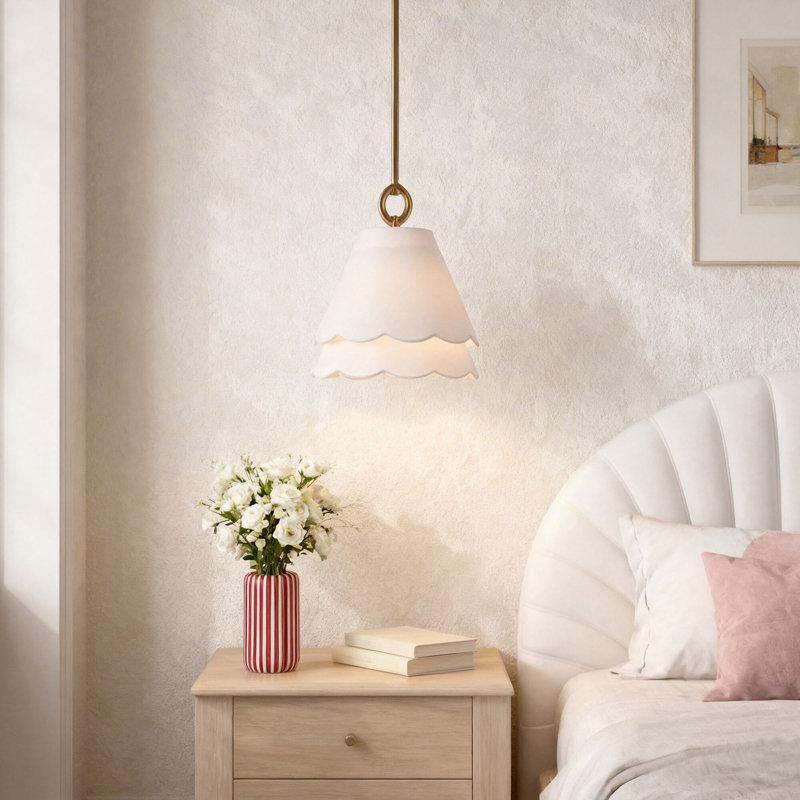 Scalloped Fabric Shade Brass Finish Pendant Light