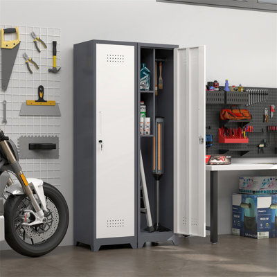 Narrow Metal Broom Storage Cabinet with Hooks and Shelves, Heavy-Duty Utility Organizer for Bathroom, Gym, Office, and Garage