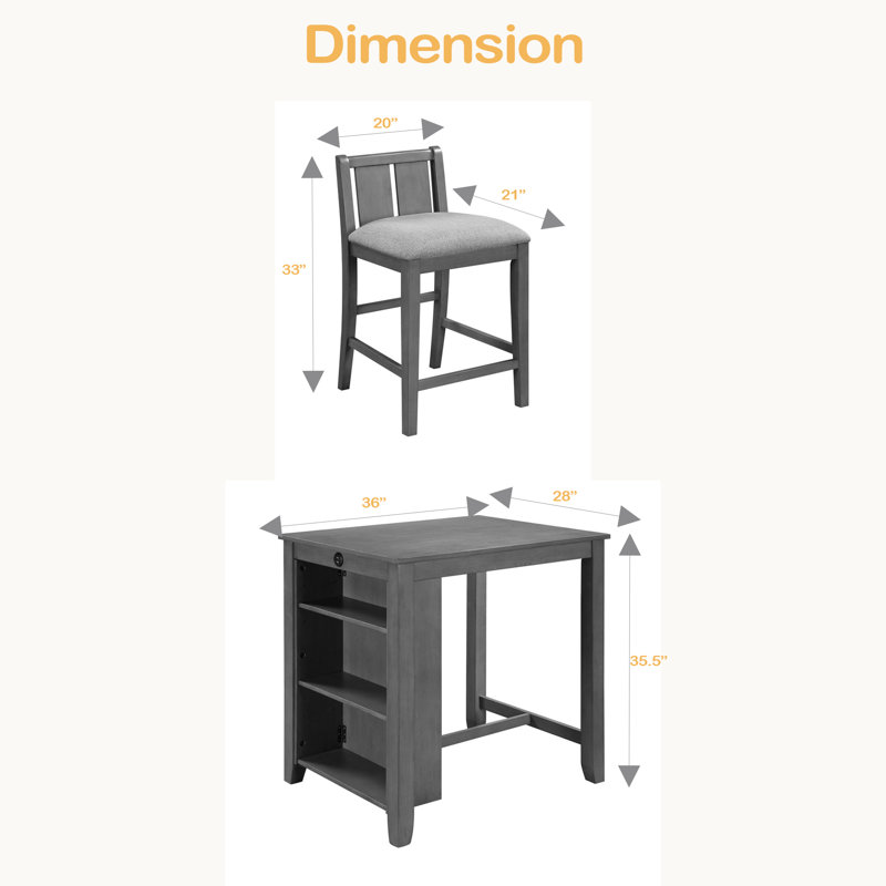 Table de salle à manger à hauteur de comptoir 36 pièces 3 pièces avec tablettes et 2 chaises, Gris, Gris
