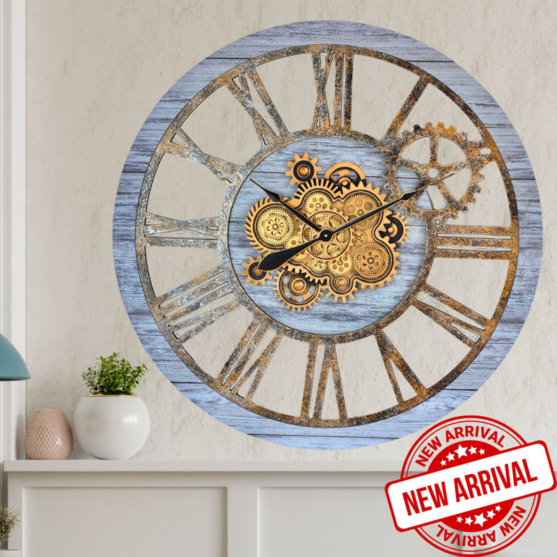 Oversized 36" Round Rustic Wood Wall Clock with Moving Gears
