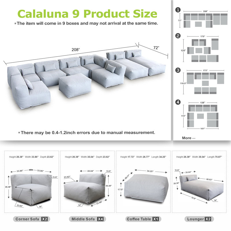 9-Piece Modular Outdoor Sectional Conversation Set, Bean Bag Style Patio Furniture with Chaise Lounges and Soft Padded Coffee Table