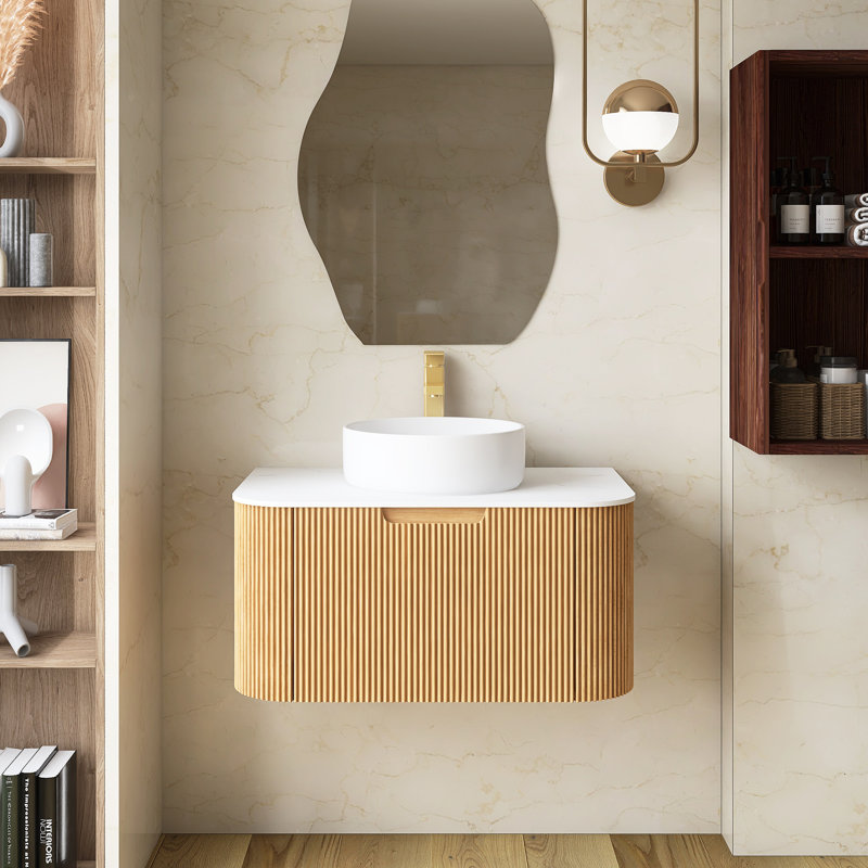 Meuble-lavabo flottant mural 30 po avec lavabo, Bois naturel