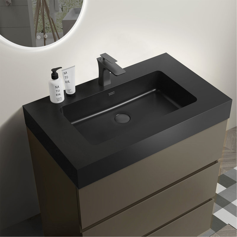 Meuble-lavabo autoportant de 30 po avec lavabo, grand meuble-lavabo autoportant pour salle de bain moderne, lavabo une pièce noir sans drain ni robinet, pré-assemblé