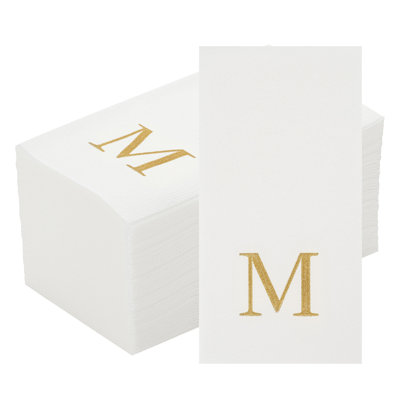 Restaurantware Paper Napkins Pack of 2000 Gold Letter M Linen-Feel Disposable Guest Towels 15.75 x 7.87 Inches, Elegant Airlaid Gold Printed Design White Napkins with Monogram for Events