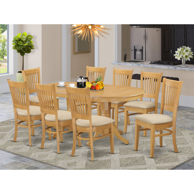 9 Piece Kitchen Table Set Includes an Oval Dining Table with Butterfly Leaf and 8 Linen Fabric Dining Room Chairs, Oak, Oak