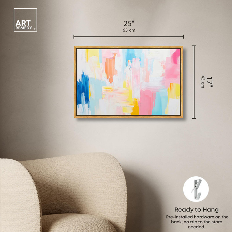 Toile colorée par l'aube, abstrait coloré par Art Remedy, Cadre flottant doré, H 17,5 po x l 25,5 po x P 1,2 po