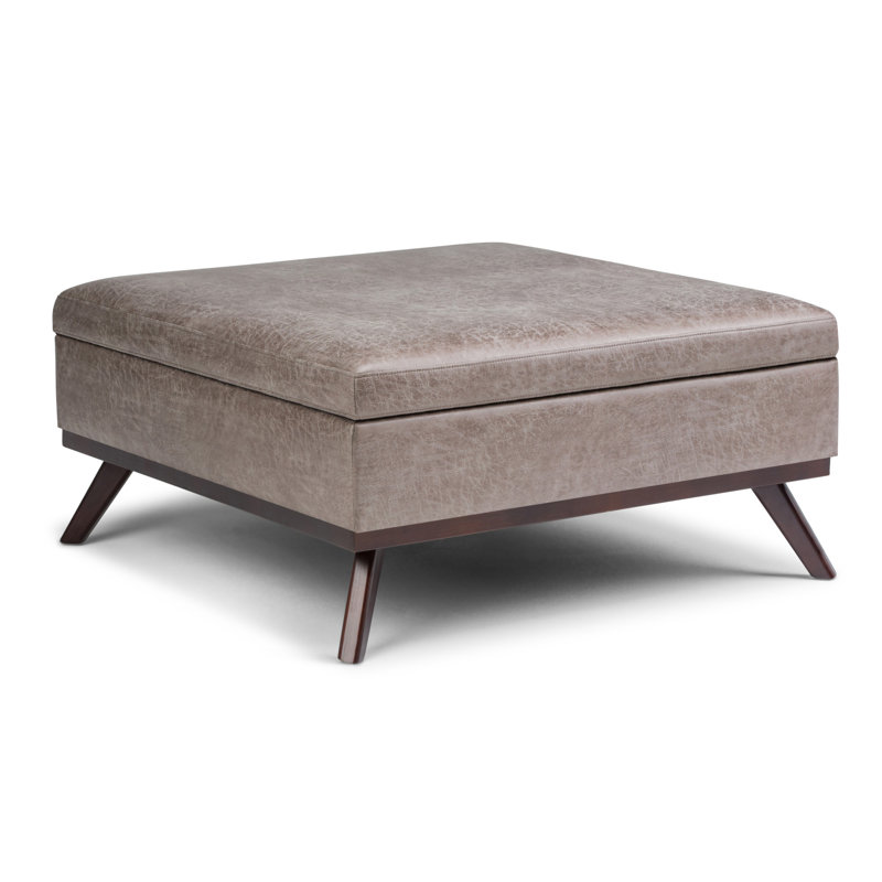 Owen 36"W Upholstered Mid-Century Modern Square Lift-Top Ottoman with Tufted Detail, Distressed Gray Taupe Vegan Faux Leather