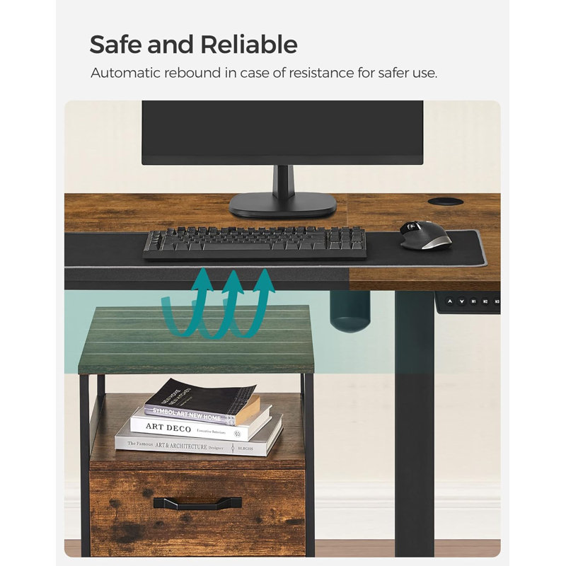 Hadrien Adjustable Metal Base Standing Desk with Power Outlet, Brown/Black/Black, 120cm H x 140cm W x 60cm D