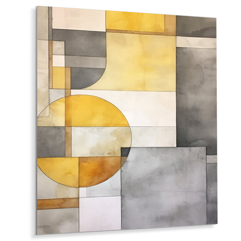 Décoration murale en métal jaune, gris et jaune entrecroisés I - formes abstraites, H 40 po x l 30 po