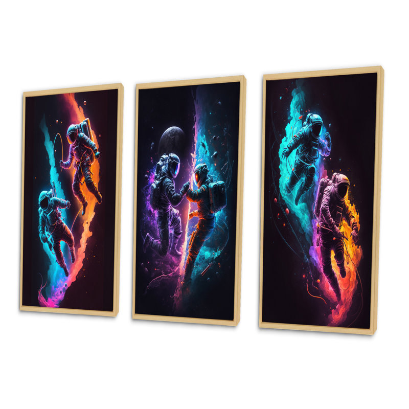 «Cosmic Astronaut Explorers», 3 pièces sur toile, Cadre naturel flottant, H 40 po x l 60 po