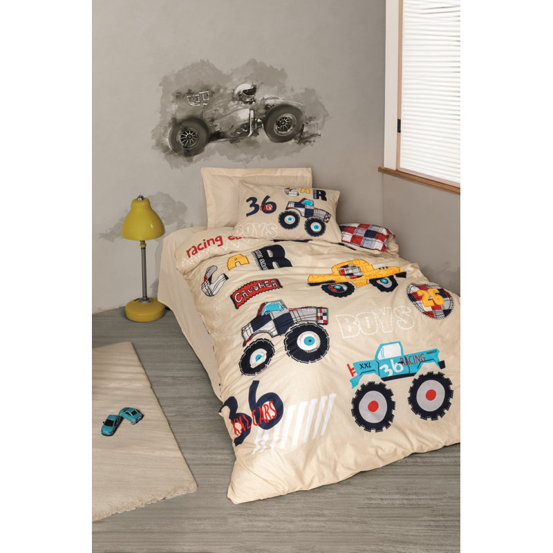 Ensemble de housse de couette élégante 100% coton Ranforce Young, beige | Housse de couette 63 x 87, taie d'oreiller 20 x 28, drap plat 71 x 95 | Lavable à la machine, fermeture à boutons, doux et durable, pour les chambres confortables