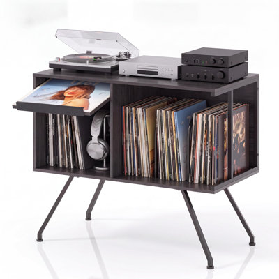 31.5" Record Player Stand with Storage - Rotate-Top Particle Cover Lid, Vinyl Record Storage Cabinet & End Table for Living Room