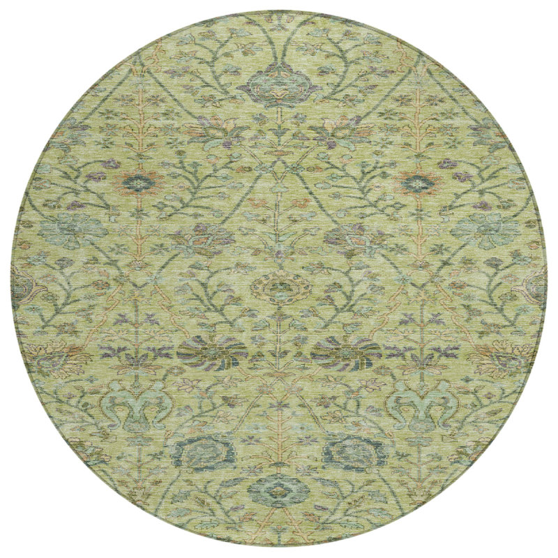 Tapis d'intérieur rond lavable floral 8 pi vert menthe brun et gris