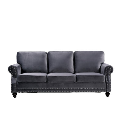 3-Seater Traditional Plush Velvet Sofa, Nailhead Trim Upholstered Couch with Solid Wood Turned Legs for Vintage Living Room Decor