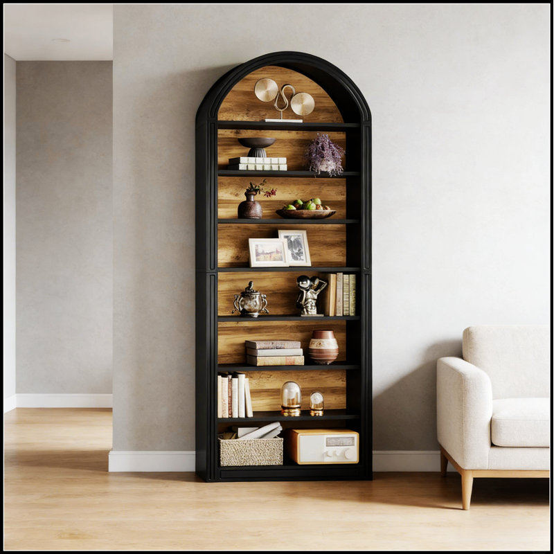 Bibliothèque arquée avec étagères spacieuses, solution de rangement haute et élégante pour livres et objets de collection