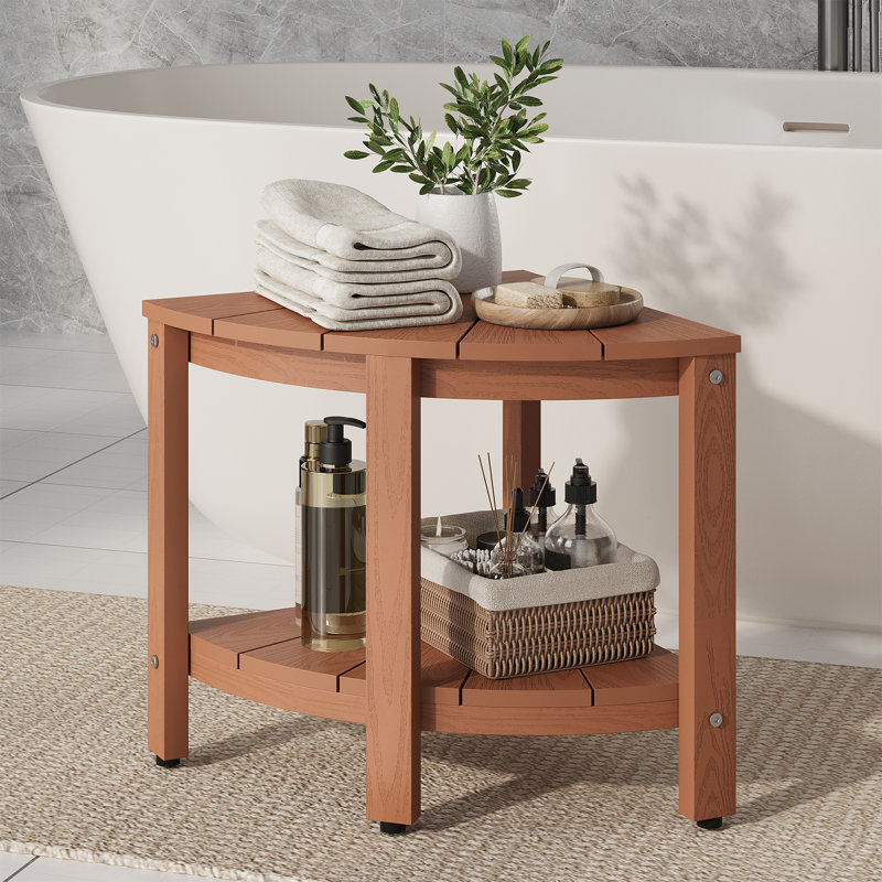 Banc de douche d'angle avec rangement, tabouret de salle de bain imperméable HIPS à 2 niveaux, largeur 40 cm, aspect bois, étagère d'angle antidérapante pour salle de bain, baignoire, spa, teck