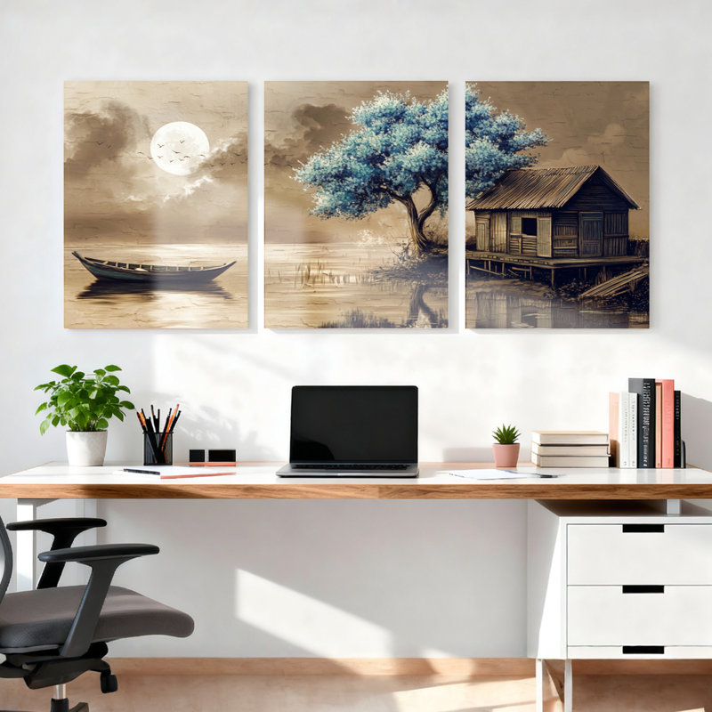 Ensemble de 3 tableaux sur toile tendue représentant un paysage de lac au clair de lune avec bateau, arbre et cabane