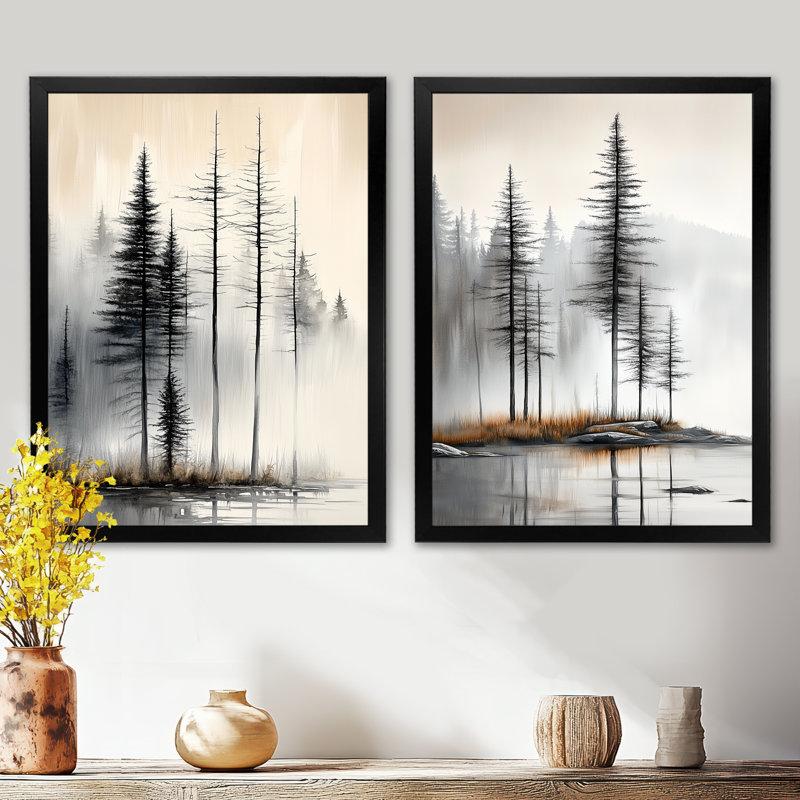 Pins d'été brumeux - Ensemble de 2 impressions encadrées de pins, 32" H x 48" W, Black Picture Framed