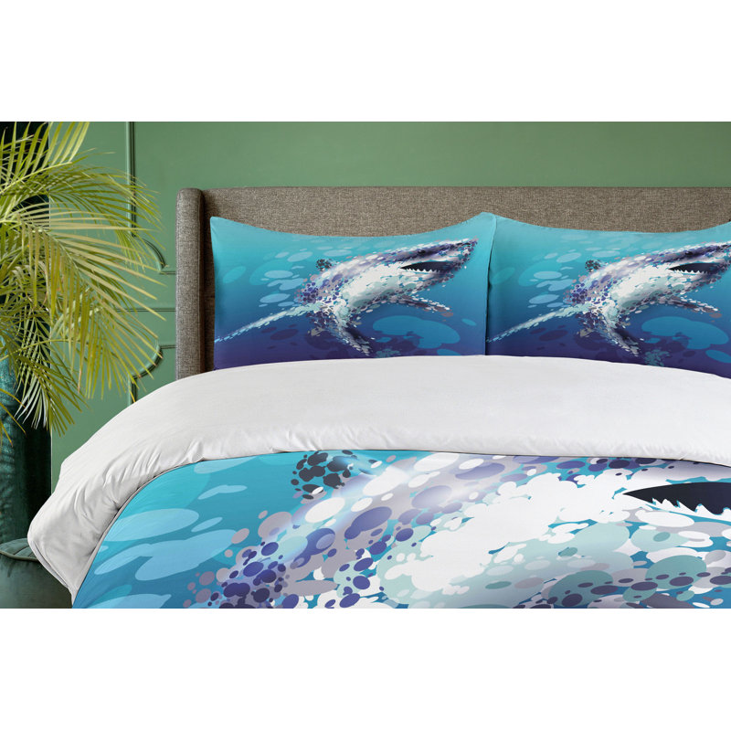 Twin Blue and White Shark Microfiber Duvet Cover Set