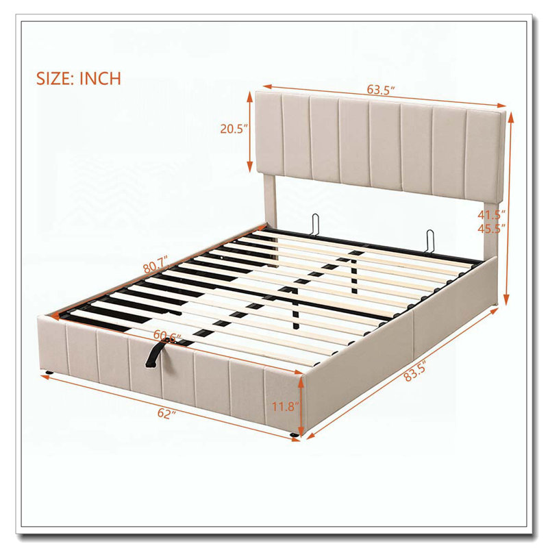 Lit plateforme tapissier avec système de rangement hydraulique, Beige, Grand lit